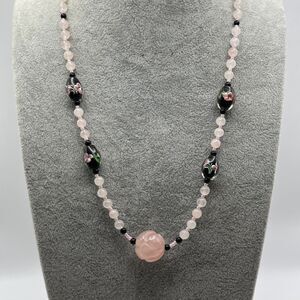 Beautiful Carved Rose Quartz Beaded Necklace With Art Glass Flower Beads